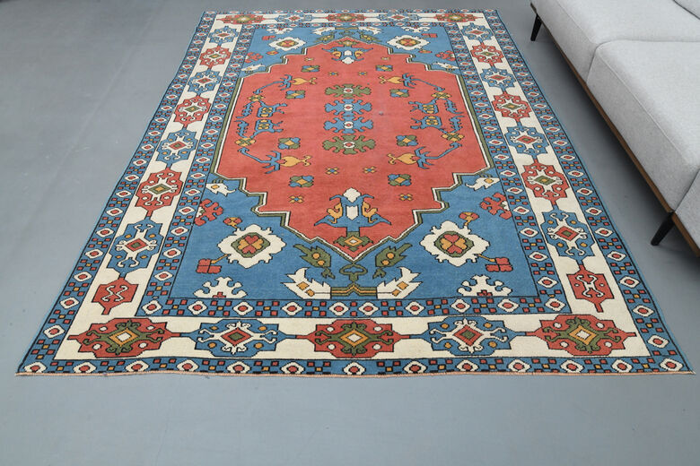 Red Blue Vintage Turkish Milas Rug