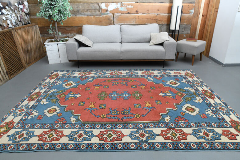 Red Blue Vintage Turkish Milas Rug