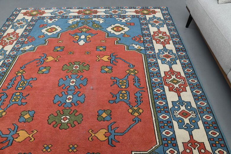 Red Blue Vintage Turkish Milas Rug