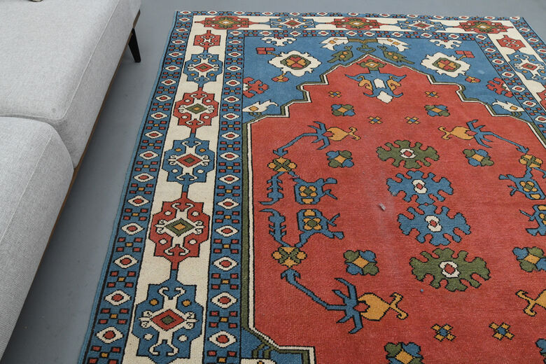 Red Blue Vintage Turkish Milas Rug