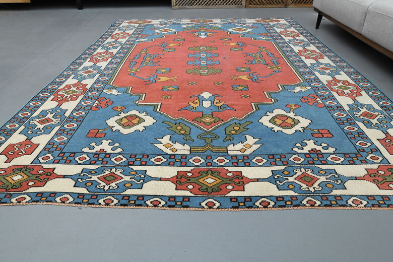 Red Blue Vintage Turkish Milas Rug