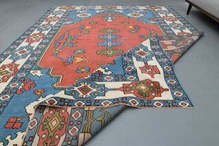 Red Blue Vintage Turkish Milas Rug - Thumbnail