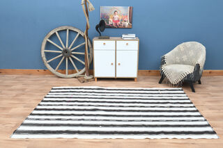 Flatweave White Black Striped Runner - Thumbnail