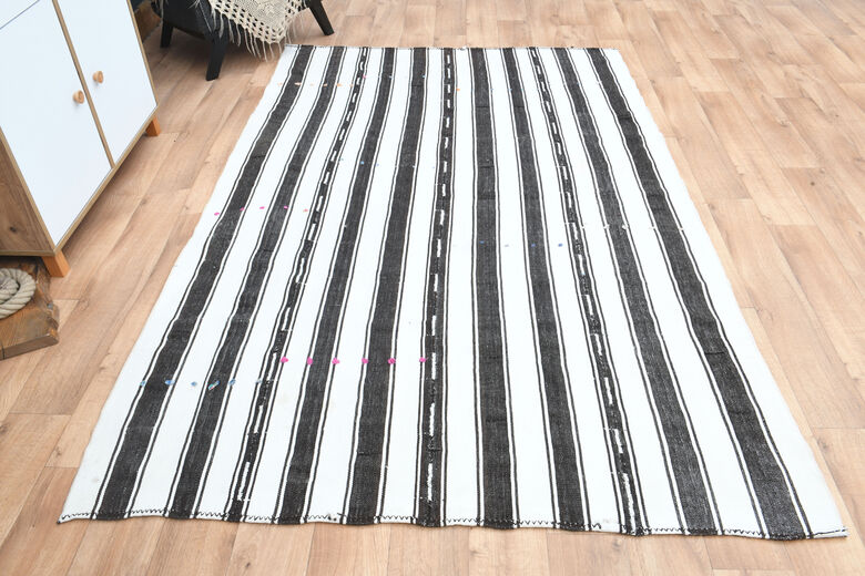 Flatweave White Black Striped Runner