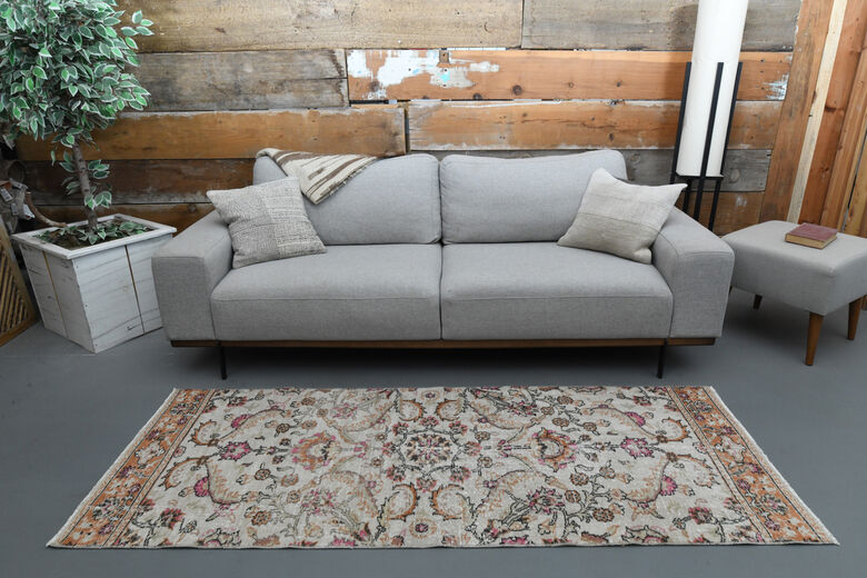 Beige Floral Vintage Turkish Rug