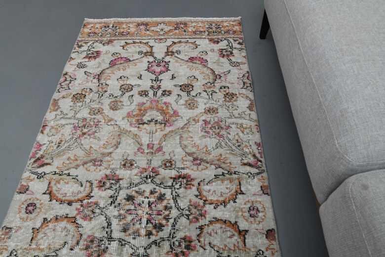 Beige Floral Vintage Turkish Rug