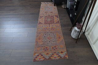 Purple Orange Vintage Turkish Rug Runner - Thumbnail